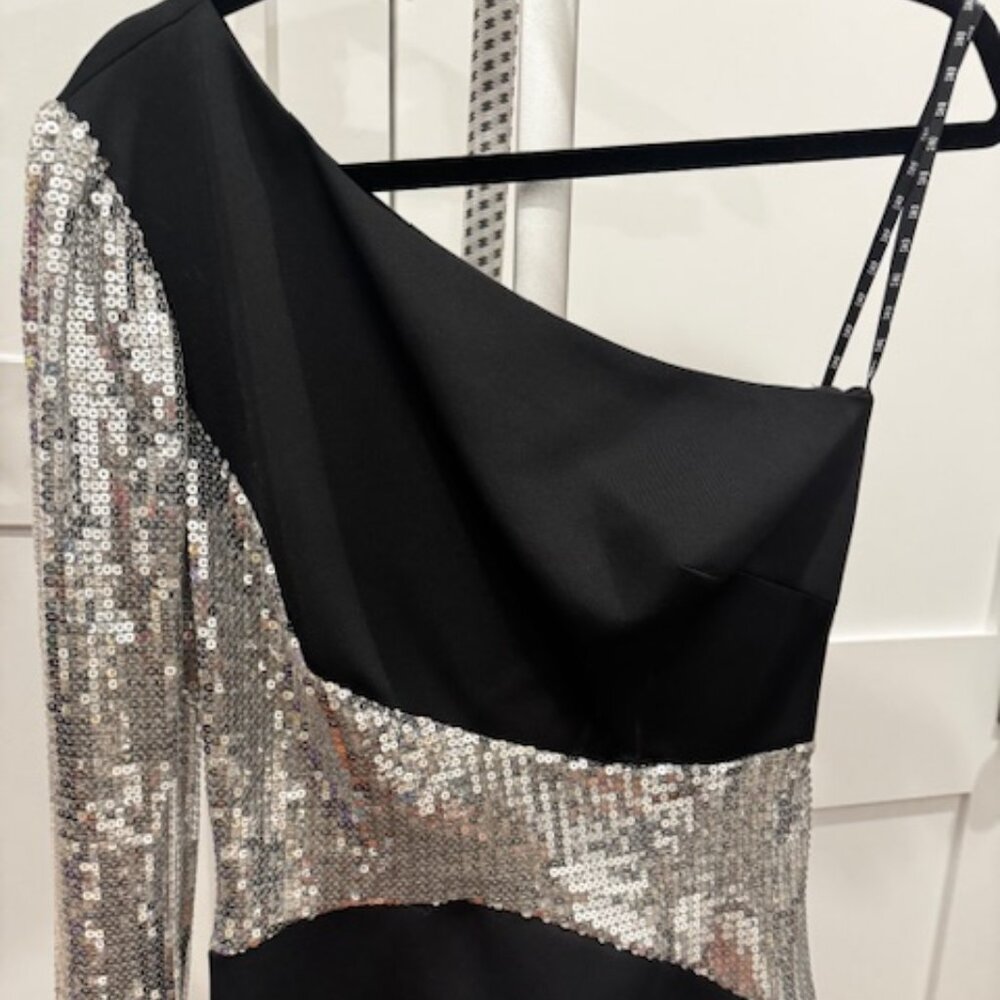 SHO by Tadashi Shoji, Sequin One-Shoulder Black Scuba Dress, Size S, NWT - Picture 3 of 8